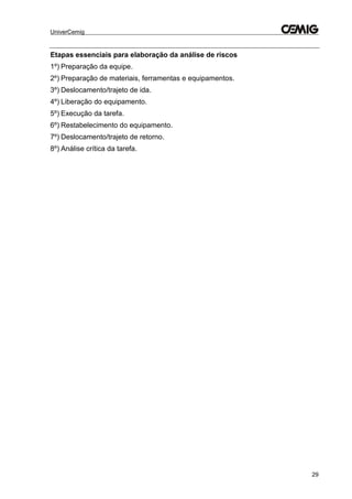UniverCemig
29
Etapas essenciais para elaboração da análise de riscos
1º) Preparação da equipe.
2º) Preparação de materiais, ferramentas e equipamentos.
3º) Deslocamento/trajeto de ida.
4º) Liberação do equipamento.
5º) Execução da tarefa.
6º) Restabelecimento do equipamento.
7º) Deslocamento/trajeto de retorno.
8º) Análise crítica da tarefa.
 