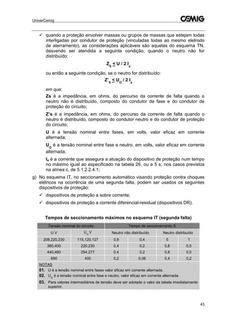UniverCemig
43
 quando a proteção envolver massas ou grupos de massas que estejam todas
interligadas por condutor de proteção (vinculadas todas ao mesmo eletrodo
de aterramento), as considerações aplicáveis são aquelas do esquema TN,
desvendo ser atendida a seguinte condição, quando o neutro não for
distribuído:
ZS
< U / 2 Ia
ou então a seguinte condição, se o neutro for distribuído:
Z’S
< UO
/ 2 Ia
em que:
Zs é a impedância, em ohms, do percurso da corrente de falta quando o
neutro não é distribuído, composto do condutor de fase e do condutor de
proteção do circuito;
Z’s é a impedância, em ohms, do percurso da corrente de falta quando o
neutro é distribuído, composto do condutor neutro e do condutor de proteção
do circuito;
U é a tensão nominal entre fases, em volts, valor eficaz em corrente
alternada;
UO
é a tensão nominal entre fase e neutro, em volts, valor eficaz em corrente
alternada;
Ia é a corrente que assegura a atuação do dispositivo de proteção num tempo
no máximo igual ao especificado na tabela 26, ou a 5 s, nos casos previstos
na alínea c, de 5.1.2.2.4.1;
g) No esquema IT, no seccionamento automático visando proteção contra choques
elétricos na ocorrência de uma segunda falta, podem ser usados os seguintes
dispositivos de proteção:
 dispositivos de proteção a sobre corrente;
 dispositivos de proteção a corrente diferencial-residual (dispositivos DR).
Tempos de seccionamento máximos no esquema IT (segunda falta)
Tensão nominal do circuito Tempo de seccionamento S
U V UO
V Neutro não distribuído Neutro distribuído
208,220,230 115,120,127 0,8 0,4 5 1
380,400 220,230 0,4 0,2 0,8 0,5
440,480 254,277 0,4 0,2 0,8 0,5
690 400 0,2 0,06 0,4 0,2
NOTAS
01. U é a tensão nominal entre fases valor eficaz em corrente alternada.
02. UO
é a tensão nominal entre fase e neutro, valor eficaz em corrente alternada.
03. Para valores intermediários de tensão deve ser adotado o valor da tabela imediatamente
superior.
 