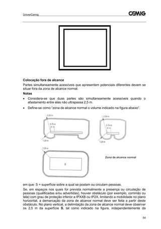 UniverCemig
54
Colocação fora de alcance
Partes simultaneamente acessíveis que apresentem potenciais diferentes devem se
situar fora da zona de alcance normal.
Notas
 Considera-se que duas partes são simultaneamente acessíveis quando o
afastamento entre elas não ultrapassa 2,5 m.
 Define-se como “zona de alcance normal o volume indicado na figura abaixo”.
em que: S = superfície sobre a qual se postam ou circulam pessoas.
Se, em espaços nos quais for prevista normalmente a presença ou circulação de
pessoas (qualificadas e/ou advertidas), houver obstáculo (por exemplo, corrimão ou
tela) com grau de proteção inferior a IPXXB ou IP2X, limitando a mobilidade no plano
horizontal, a demarcação da zona de alcance normal deve ser feita a partir deste
obstáculo. No plano vertical, a delimitação da zona de alcance normal deve observar
os 2,5 m da superfície S, tal como indicado na figura, independentemente da
Zona de alcance normal
 