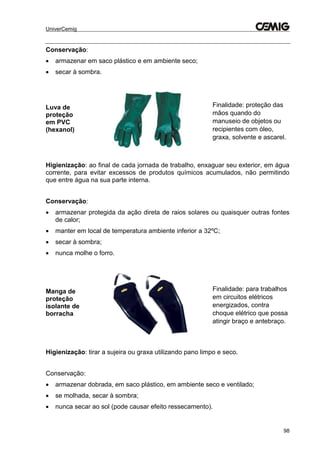 UniverCemig
98
Conservação:
 armazenar em saco plástico e em ambiente seco;
 secar à sombra.
Luva de
proteção
em PVC
(hexanol)
Finalidade: proteção das
mãos quando do
manuseio de objetos ou
recipientes com óleo,
graxa, solvente e ascarel.
Higienização: ao final de cada jornada de trabalho, enxaguar seu exterior, em água
corrente, para evitar excessos de produtos químicos acumulados, não permitindo
que entre água na sua parte interna.
Conservação:
 armazenar protegida da ação direta de raios solares ou quaisquer outras fontes
de calor;
 manter em local de temperatura ambiente inferior a 32ºC;
 secar à sombra;
 nunca molhe o forro.
Manga de
proteção
isolante de
borracha
Finalidade: para trabalhos
em circuitos elétricos
energizados, contra
choque elétrico que possa
atingir braço e antebraço.
Higienização: tirar a sujeira ou graxa utilizando pano limpo e seco.
Conservação:
 armazenar dobrada, em saco plástico, em ambiente seco e ventilado;
 se molhada, secar à sombra;
 nunca secar ao sol (pode causar efeito ressecamento).
 
