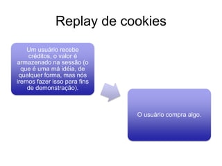 Replay de cookies
Um usuário recebe
créditos, o valor é
armazenado na sessão (o
que é uma má idéia, de
qualquer forma, mas nós
iremos fazer isso para fins
de demonstração).
O usuário compra algo.
 