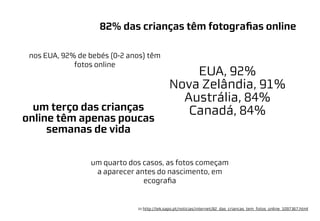 82% das crianças têm fotograﬁas online
nos EUA, 92% de bebés (0-2 anos) têm
fotos online
in http://tek.sapo.pt/noticias/internet/82_das_criancas_tem_fotos_online_1097367.html
EUA, 92%
Nova Zelândia, 91%
Austrália, 84%
Canadá, 84%um terço das crianças
online têm apenas poucas
semanas de vida
um quarto dos casos, as fotos começam
a aparecer antes do nascimento, em
ecograﬁa
 