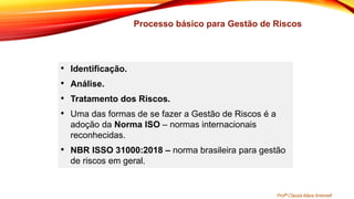 Processo básico para Gestão de Riscos
• Identificação.
• Análise.
• Tratamento dos Riscos.
• Uma das formas de se fazer a Gestão de Riscos é a
adoção da Norma ISO – normas internacionais
reconhecidas.
• NBR ISSO 31000:2018 – norma brasileira para gestão
de riscos em geral.
Profª Clausia Mara Antoneli
 