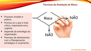 Técnicas de Avaliação de Risco
Risco
NÃO
NÃO
 Processo simples e
prático.
 Prioriza-se o que é mais
crítico, importante e/ou
urgente.
 Depende da estratégia da
organização.
 Precisam de alinhamento
com o Planejamento
estratégico e orçamento.
Profª Clausia Mara Antoneli
 