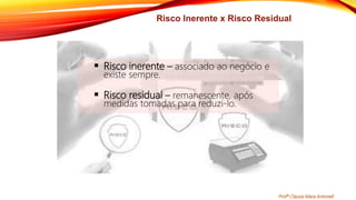 Risco Inerente x Risco Residual
 Risco inerente – associado ao negócio e
existe sempre.
 Risco residual – remanescente, após
medidas tomadas para reduzi-lo.
Profª Clausia Mara Antoneli
 