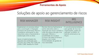 Ferramentas de Apoio
Soluções de apoio ao gerenciamento de riscos
RISK MANAGER RISK INSIGHT
IRIS
INTELLIGENCE
Implementar um processo eficaz
para a automação e integração
processos de Governança, Riscos e
Compliance, eliminando os silos,
reduzindo custos e favorecendo a
colaboração entre as áreas.
Apoio à implementação dos
requisitos de certificação para
PCI-DSS, ISO 27002, ISO 27001, BS
25999, COBIT, Basiléia II e FISAP
Permite informar facilmente as
partes relevantes sobre a
exposição aos riscos e ampliar a
visão dos planos de ação e da
execução. Oferece a
possibilidade de visualizar
os riscos, de todas as formas e
ângulos, com muitas
funcionalidades de gestão de
risco associadas.
É uma ferramenta britânica
para gestão de risco nas
organizações, usada, por
exemplo, na NASA, no
Exército americano e na
Royce.
Profª Clausia Mara Antoneli
 