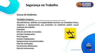 São deficiências, defeitos ou irregularidades técnicas nas instalações físicas,
máquinas e equipamentos que presentes no ambiente podem causar
acidentes de trabalho.
Exemplos:
Falta de corrimão em escadas;
Arranjos inadequados;
Piso irregular;
Escadas inadequadas;
Equipamentos mal posicionados;
Falta de sinalização;
Ferramentas defeituosas;
Falta de treinamento.
Condições Inseguras:
Causas de Acidentes
Segurança no Trabalho
 