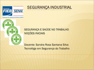SEGURANÇA E SAÚDE NO TRABALHO
NOÇÕES INICIAIS

Docente: Sandra Rosa Santana Silva
Tecnológa em Segurança do Trabalho

 