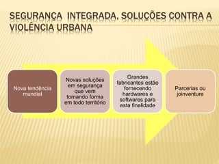 SEGURANÇA INTEGRADA, SOLUÇÕES CONTRA A
VIOLÊNCIA URBANA
Nova tendência
mundial
Novas soluções
em segurança
que vem
tomando forma
em todo território
Grandes
fabricantes estão
fornecendo
hardwares e
softwares para
esta finalidade
Parcerias ou
joinventure
 