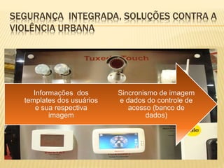 SEGURANÇA INTEGRADA, SOLUÇÕES CONTRA A
VIOLÊNCIA URBANA
Sincronismo de imagem
e dados do controle de
acesso (banco de
dados)
Informações dos
templates dos usuários
e sua respectiva
imagem
 
