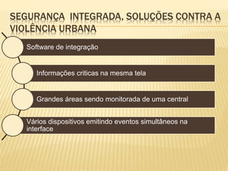 SEGURANÇA INTEGRADA, SOLUÇÕES CONTRA A
VIOLÊNCIA URBANA
Software de integração
Informações criticas na mesma tela
Grandes áreas sendo monitorada de uma central
Vários dispositivos emitindo eventos simultâneos na
interface
 