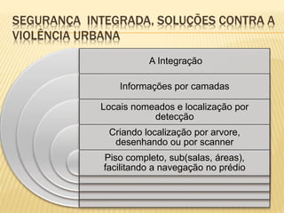 SEGURANÇA INTEGRADA, SOLUÇÕES CONTRA A
VIOLÊNCIA URBANA
A Integração
Informações por camadas
Locais nomeados e localização por
detecção
Criando localização por arvore,
desenhando ou por scanner
Piso completo, sub(salas, áreas),
facilitando a navegação no prédio
 