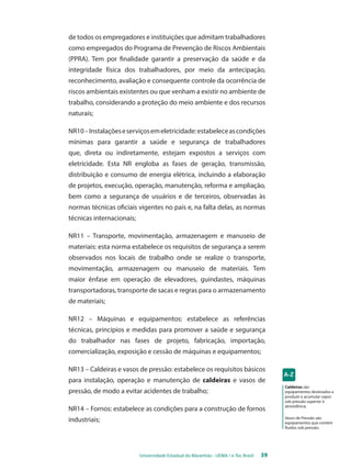 de todos os empregadores e instituições que admitam trabalhadores 
como empregados do Programa de Prevenção de Riscos Ambientais 
(PPRA). Tem por finalidade garantir a preservação da saúde e da 
integridade física dos trabalhadores, por meio da antecipação, 
reconhecimento, avaliação e consequente controle da ocorrência de 
riscos ambientais existentes ou que venham a existir no ambiente de 
trabalho, considerando a proteção do meio ambiente e dos recursos 
naturais; 
NR10 – Instalações e serviços em eletricidade: estabelece as condições 
mínimas para garantir a saúde e segurança de trabalhadores 
que, direta ou indiretamente, estejam expostos a serviços com 
eletricidade. Esta NR engloba as fases de geração, transmissão, 
distribuição e consumo de energia elétrica, incluindo a elaboração 
de projetos, execução, operação, manutenção, reforma e ampliação, 
bem como a segurança de usuários e de terceiros, observadas às 
normas técnicas oficiais vigentes no país e, na falta delas, as normas 
técnicas internacionais; 
NR11 – Transporte, movimentação, armazenagem e manuseio de 
materiais: esta norma estabelece os requisitos de segurança a serem 
observados nos locais de trabalho onde se realize o transporte, 
movimentação, armazenagem ou manuseio de materiais. Tem 
maior ênfase em operação de elevadores, guindastes, máquinas 
transportadoras, transporte de sacas e regras para o armazenamento 
de materiais; 
NR12 – Máquinas e equipamentos: estabelece as referências 
técnicas, princípios e medidas para promover a saúde e segurança 
do trabalhador nas fases de projeto, fabricação, importação, 
comercialização, exposição e cessão de máquinas e equipamentos; 
NR13 – Caldeiras e vasos de pressão: estabelece os requisitos básicos 
para instalação, operação e manutenção de caldeiras e vasos de 
pressão, de modo a evitar acidentes de trabalho; 
NR14 – Fornos: estabelece as condições para a construção de fornos 
industriais; 
Universidade Estadual do Maranhão - UEMA / e-Tec Brasil 39 
Caldeiras são 
equipamentos destinados a 
produzir e acumular vapor 
sob pressão superior à 
atmosférica; 
Vasos de Pressão são 
equipamentos que contém 
fluidos sob pressão. 
 