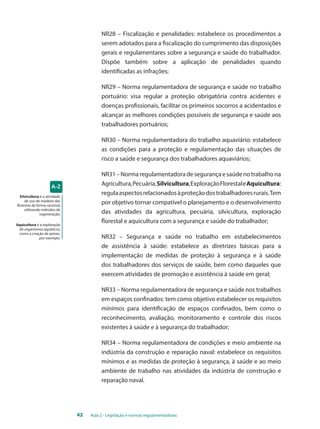 NR28 – Fiscalização e penalidades: estabelece os procedimentos a 
serem adotados para a fiscalização do cumprimento das disposições 
gerais e regulamentares sobre a segurança e saúde do trabalhador. 
Dispõe também sobre a aplicação de penalidades quando 
identificadas as infrações; 
NR29 – Norma regulamentadora de segurança e saúde no trabalho 
portuário: visa regular a proteção obrigatória contra acidentes e 
doenças profissionais, facilitar os primeiros socorros a acidentados e 
alcançar as melhores condições possíveis de segurança e saúde aos 
trabalhadores portuários; 
NR30 – Norma regulamentadora do trabalho aquaviário: estabelece 
as condições para a proteção e regulamentação das situações de 
risco a saúde e segurança dos trabalhadores aquaviários; 
NR31 – Norma regulamentadora de segurança e saúde no trabalho na 
Agricultura, Pecuária, Silvicultura, Exploração Florestal e Aquicultura: 
regula aspectos relacionados à proteção dos trabalhadores rurais. Tem 
por objetivo tornar compatível o planejamento e o desenvolvimento 
das atividades da agricultura, pecuária, silvicultura, exploração 
florestal e aquicultura com a segurança e saúde do trabalhador; 
NR32 – Segurança e saúde no trabalho em estabelecimentos 
de assistência à saúde: estabelece as diretrizes básicas para a 
implementação de medidas de proteção à segurança e à saúde 
dos trabalhadores dos serviços de saúde, bem como daqueles que 
exercem atividades de promoção e assistência à saúde em geral; 
NR33 – Norma regulamentadora de segurança e saúde nos trabalhos 
em espaços confinados: tem como objetivo estabelecer os requisitos 
mínimos para identificação de espaços confinados, bem como o 
reconhecimento, avaliação, monitoramento e controle dos riscos 
existentes à saúde e à segurança do trabalhador; 
NR34 – Norma regulamentadora de condições e meio ambiente na 
indústria da construção e reparação naval: estabelece os requisitos 
mínimos e as medidas de proteção à segurança, à saúde e ao meio 
ambiente de trabalho nas atividades da indústria de construção e 
reparação naval. 
42 Aula 2 - Legislação e normas regulamentadoras 
Silvicultura é a atividade 
de uso de madeira das 
florestas de forma racional, 
utilizando métodos de 
regeneração; 
Aquicultura é a exploração 
de organismos aquáticos, 
como a criação de peixes, 
por exemplo. 
 