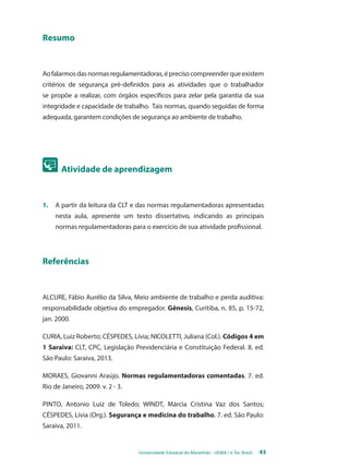 Universidade Estadual do Maranhão - UEMA / e-Tec Brasil 43 
Resumo 
Ao falarmos das normas regulamentadoras, é preciso compreender que existem 
critérios de segurança pré-definidos para as atividades que o trabalhador 
se propõe a realizar, com órgãos específicos para zelar pela garantia da sua 
integridade e capacidade de trabalho. Tais normas, quando seguidas de forma 
adequada, garantem condições de segurança ao ambiente de trabalho. 
Atividade de aprendizagem 
1. A partir da leitura da CLT e das normas regulamentadoras apresentadas 
nesta aula, apresente um texto dissertativo, indicando as principais 
normas regulamentadoras para o exercício de sua atividade profissional. 
Referências 
ALCURE, Fábio Aurélio da Silva, Meio ambiente de trabalho e perda auditiva: 
responsabilidade objetiva do empregador. Gênesis, Curitiba, n. 85, p. 15-72, 
jan. 2000. 
CURIA, Luiz Roberto; CÉSPEDES, Lívia; NICOLETTI, Juliana (Col.). Códigos 4 em 
1 Saraiva: CLT, CPC, Legislação Previdenciária e Constituição Federal. 8. ed. 
São Paulo: Saraiva, 2013. 
MORAES, Giovanni Araújo. Normas regulamentadoras comentadas. 7. ed. 
Rio de Janeiro, 2009. v. 2 - 3. 
PINTO, Antonio Luiz de Toledo; WINDT, Márcia Cristina Vaz dos Santos; 
CÉSPEDES, Lívia (Org.). Segurança e medicina do trabalho. 7. ed. São Paulo: 
Saraiva, 2011. 
 