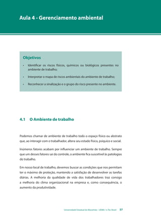 Aula 4 - Gerenciamento ambiental 
Objetivos 
• Identificar os riscos físicos, químicos ou biológicos presentes no 
Universidade Estadual do Maranhão - UEMA / e-Tec Brasil 57 
ambiente de trabalho; 
• Interpretar o mapa de riscos ambientais do ambiente de trabalho; 
• Reconhecer a sinalização e o grupo do risco presente no ambiente. 
4.1 O Ambiente de trabalho 
Podemos chamar de ambiente de trabalho todo o espaço físico ou abstrato 
que, ao interagir com o trabalhador, altera seu estado físico, psíquico e social. 
Inúmeros fatores acabam por influenciar um ambiente de trabalho. Sempre 
que um desses fatores sai do controle, o ambiente fica suscetível às patologias 
do trabalho. 
Em nosso local de trabalho, devemos buscar as condições que nos permitam 
ter o máximo de proteção, mantendo a satisfação de desenvolver as tarefas 
diárias. A melhoria da qualidade de vida dos trabalhadores traz consigo 
a melhoria do clima organizacional na empresa e, como consequência, o 
aumento da produtividade. 
 