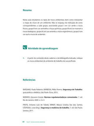 Resumo 
Nesta aula estudamos os tipos de riscos ambientais, bem como interpretar 
o mapa de riscos de um ambiente. Não se esqueça da indicação de cores 
correspondentes a cada grupo, associando grupo I em cor verde a riscos 
físicos, grupo II em cor vermelha a riscos químicos, grupo III em cor marrom a 
riscos biológicos, grupo IV em cor amarela a riscos ergonômicos, grupo V em 
cor azul a riscos de acidentes. 
Atividade de aprendizagem 
1. A partir do conteúdo deste caderno e da bibliografia indicada, indique 
os riscos ambientais do ambiente de trabalho de sua profissão. 
Referências 
BARSANO, Paulo Roberto; BARBOSA, Rildo Pereira. Segurança do Trabalho: 
guia prático e didático. São Paulo: Érica, 2012. 
MORAES, Giovanni Araújo. Normas regulamentadoras comentadas. 7. ed. 
Rio de Janeiro, 2009. v. 2 e 3. 
PINTO, Antonio Luiz de Toledo; WINDT, Márcia Cristina Vaz dos Santos; 
CÉSPEDES, Lívia (Org.). Segurança e medicina do trabalho. 7. ed. São Paulo: 
Saraiva, 2011. 
64 Aula 4 - Gerenciamento ambiental 
 