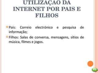 UTILIZAÇÃO DA INTERNET POR PAIS E FILHOS Pais: Correio electrónico e pesquisa de informação; Filhos: Salas de conversa, mensagens, sítios de música, filmes e jogos. 