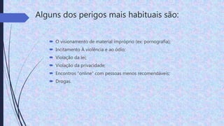 Alguns dos perigos mais habituais são:
 O visionamento de material impróprio (ex: pornografia);
 Incitamento À violência e ao ódio;
 Violação da lei;
 Violação da privacidade;
 Encontros “online” com pessoas menos recomendáveis;
 Drogas.
 