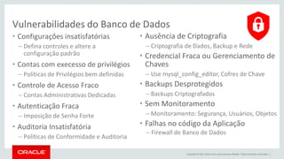 Copyright © 2015, Oracle e/ou suas empresas afiliadas. Todos os direitos reservados. |
Vulnerabilidades do Banco de Dados
• Configurações insatisfatórias
– Defina controles e altere a
configuração padrão
• Contas com execesso de privilégios
– Políticas de Privilégios bem definidas
• Controle de Acesso Fraco
– Contas Administrativas Dedicadas
• Autenticação Fraca
– Imposição de Senha Forte
• Auditoria Insatisfatória
– Políticas de Conformidade e Auditoria
• Ausência de Criptografia
– Criptografia de Dados, Backup e Rede
• Credencial Fraca ou Gerenciamento de
Chaves
– Use mysql_config_editor, Cofres de Chave
• Backups Desprotegidos
– Backups Criptografados
• Sem Monitoramento
– Monitoramento: Segurança, Usuários, Objetos
• Falhas no código da Aplicação
– Firewall de Banco de Dados
 