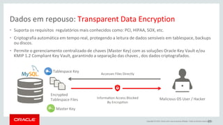 Copyright © 2015, Oracle e/ou suas empresas afiliadas. Todos os direitos reservados. |
Dados em repouso: Transparent Data Encryption
• Suporta os requisitos regulatórios mais conhecidos como: PCI, HIPAA, SOX, etc.
• Criptografia automática em tempo real, protegendo a leitura de dados sensíveis em tablespace, backups
ou discos.
• Permite o gerenciamento centralizado de chaves (Master Key) com as soluções Oracle Key Vault e/ou
KMIP 1.2 Compliant Key Vault, garantindo a separação das chaves , dos dados criptografados.
29
 