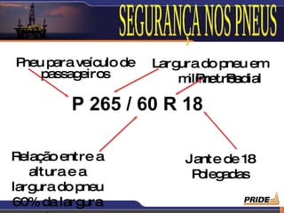 Pneu para veículo de   Largura do pneu em
    passag eiros           m P etros
                             ilím Radial
                                neu

         P 265 / 60 R 18

Relação entre a             Jante de 18
   altura e a                Polegadas
largura do pneu
60% da larg ura                           17
 