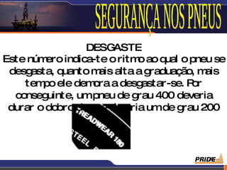 DESG   ASTE
Este núm ero indica-te o ritm ao qual o pneu se
                             o
 desg asta, quanto m alta a g
                     ais        raduação, m ais
    tem ele dem
        po         ora a desg astar-se. Por
  conseg uinte, umpneu de g  rau 400 deveria
 durar o dobro do que duraria umde g  rau 200



                                           20
 