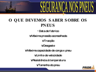 O QUE DEVEMOS S ABER S OBRE OS
           PNEUS
              • Data de f abrico

        •Máxim pressão aconselhada
              a
                 •Tracção
                 •Desgaste
      •Máxim capacidade de carg x pneu
            a                  a
            •Lim de velocidade
                ite
         •Resistência à temperatura
             •Tamanho do pneu
                                         21
 