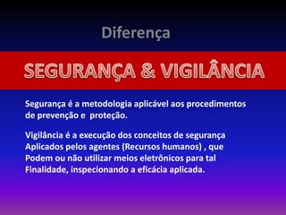 Diferença
Segurança é a metodologia aplicável aos procedimentos
de prevenção e proteção.
Vigilância é a execução dos conceitos de segurança
Aplicados pelos agentes (Recursos humanos) , que
Podem ou não utilizar meios eletrônicos para tal
Finalidade, inspecionando a eficácia aplicada.
 