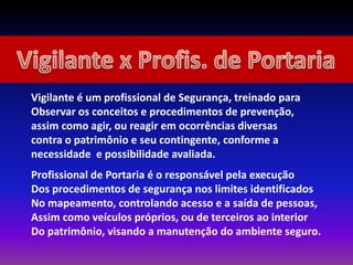 Vigilante é um profissional de Segurança, treinado para
Observar os conceitos e procedimentos de prevenção,
assim como agir, ou reagir em ocorrências diversas
contra o patrimônio e seu contingente, conforme a
necessidade e possibilidade avaliada.
Profissional de Portaria é o responsável pela execução
Dos procedimentos de segurança nos limites identificados
No mapeamento, controlando acesso e a saída de pessoas,
Assim como veículos próprios, ou de terceiros ao interior
Do patrimônio, visando a manutenção do ambiente seguro.
 