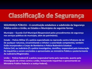 SEGURANÇA PÚBLICA – A constituição estabelece a subdivisão da Segurança
Pública entre a União, os Estados e Municípios da seguinte forma:
Município – Guarda Civil Municipal (Responsável pelos procedimentos de segurança
nos serviços públicos do município, além do patrimônio).
Estado – Polícia Militar (É a polícia especializada na repressão contra infratores da lei
De qualquer natureza, encaminhando o infrator a autoridade competente), também
Estão incorporados o Corpo de Bombeiros e Polícia Rodoviária Estadual.
Polícia Civil, ou Judiciária (É a polícia investigativa, científica, responsável pela instauração
De inquéritos a serem concluídos e apresentados ao ministério Público e posteriormente
Ao Judiciário/Magistrado).
União – Polícia Federal (É a polícia responsável tanto pela repressão, quanto pela
Investigação de crimes contra a união, instaurando inquéritos e apresentando ao
Ministério Publico Federal e a Justiça Federal).
 