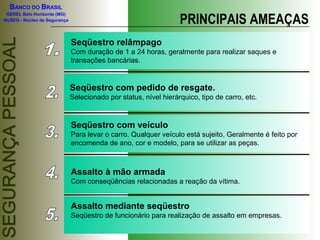 BANCO DO BRASIL
GEREL Belo Horizonte (MG)
NUSEG - Núcleo de Segurança PRINCIPAIS AMEAÇAS
Seqüestro relâmpago
Com duração de 1 a 24 horas, geralmente para realizar saques e
transações bancárias.
Seqüestro com pedido de resgate.
Selecionado por status, nível hierárquico, tipo de carro, etc.
Seqüestro com veículo
Para levar o carro. Qualquer veículo está sujeito. Geralmente é feito por
encomenda de ano, cor e modelo, para se utilizar as peças.
Assalto à mão armada
Com conseqüências relacionadas a reação da vítima.
Assalto mediante seqüestro
Seqüestro de funcionário para realização de assalto em empresas.
 