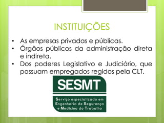 INSTITUIÇÕES
• As empresas privadas e públicas.
• Órgãos públicos da administração direta
e indireta.
• Dos poderes Legislativo e Judiciário, que
possuam empregados regidos pela CLT.
 