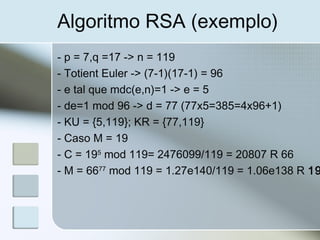 Algoritmo RSA (exemplo)
- p = 7,q =17 -> n = 119
- Totient Euler -> (7-1)(17-1) = 96
- e tal que mdc(e,n)=1 -> e = 5
- de=1 mod 96 -> d = 77 (77x5=385=4x96+1)
- KU = {5,119}; KR = {77,119}
- Caso M = 19
- C = 195
mod 119= 2476099/119 = 20807 R 66
- M = 6677
mod 119 = 1.27e140/119 = 1.06e138 R 19
 