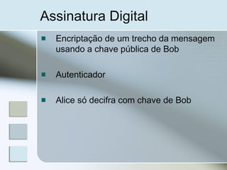 Assinatura Digital
Encriptação de um trecho da mensagem
usando a chave pública de Bob
Autenticador
Alice só decifra com chave de Bob
 