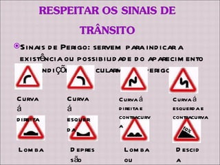 Sinais de Perigo: servem para indicar a existência ou possibilidade do aparecimento de condições particularmente perigosas. Curva á direita Curva á esquerda Curva á direita e contracurva Curva á esquerda e contracurva Lomba Depressão Lomba ou depressão Descida perigosa 