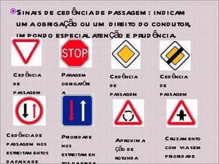 Sinais de cedência de passagem: indicam uma obrigação ou um direito do condutor, impondo especial atenção e prudência. Cedência de passagem Cedência de passagem Cedência de passagem Paragem obrigatória Cruzamento com via sem prioridade Aproximação de rotunda Prioridade nos estreitamentos da faixa de rodagem Cedência de passagem nos estreitamentos da faixa de rodagem 
