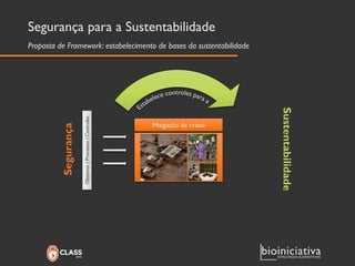 Segurança para a Sustentabilidade 
Sustentabilidade 
Segurança 
Proposta de Framework: estabelecimento de bases da sustentabilidade 
Objetivos | Processos | Controles 
Mitigação de crises  