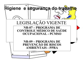 Higiene e segurança do trabalho
LEGISLAÇÃO VIGENTE
NR-07 – PROGRAMA DE
CONTROLE MÉDICO DE SAÚDE
OCUPACIONAL - PCMSO
NR-09 – PROGRAMA DE
PREVENÇÃO DE RISCOS
AMBIENTAIS - PPRA
 