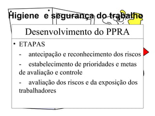 Higiene e segurança do trabalho
Desenvolvimento do PPRA
• ETAPAS
- antecipação e reconhecimento dos riscos
- estabelecimento de prioridades e metas
de avaliação e controle
- avaliação dos riscos e da exposição dos
trabalhadores
 