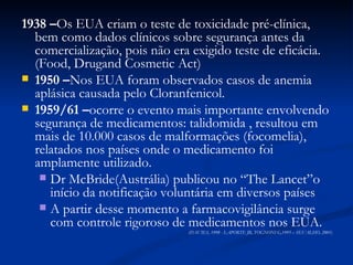 1938 – Os EUA criam o teste de toxicidade pré-clínica, bem como dados clínicos sobre segurança antes da comercialização, pois não era exigido teste de eficácia. (Food, Drugand Cosmetic Act) 1950 – Nos EUA foram observados casos de anemia aplásica causada pelo Cloranfenicol. 1959/61 – ocorre o evento mais importante envolvendo segurança de medicamentos: talidomida , resultou em mais de 10.000 casos de malformações (focomelia), relatados nos países onde o medicamento foi amplamente utilizado. Dr McBride(Austrália) publicou no “The Lancet”o início da notificação voluntária em diversos países A partir desse momento a farmacovigilância surge com controle rigoroso de medicamentos nos EUA. (DAVIES, 1998 - LAPORTE JR, TOGNONI G,1993 – SEVALHO, 2001) 