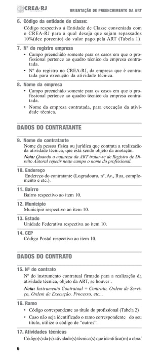ORIENTAÇÃO DE PREENCHIMENTO DA ART

6. Código da entidade de classe:
Código respectivo à Entidade de Classe conveniada com
o CREA-RJ para a qual deseja que sejam repassados
10%(dez porcento) do valor pago pela ART (Tabela 1)

7. Nº do registro empresa
• Campo preenchido somente para os casos em que o profissional pertence ao quadro técnico da empresa contratada.
• Nº do registro no CREA-RJ, da empresa que é contratada para execução da atividade técnica.

8. Nome da empresa
• Campo preenchido somente para os casos em que o profissional pertence ao quadro técnico da empresa contratada.
• Nome da empresa contratada, para execução da atividade técnica.

DADOS DO CONTRATANTE
9. Nome do contratante
Nome da pessoa física ou jurídica que contrata a realização
da atividade técnica, que está sendo objeto da anotação.
Nota: Quando a natureza da ART tratar-se de Registro de Direito Autoral repetir neste campo o nome do profissional.

10. Endereço
Endereço do contratante (Logradouro, nº, Av., Rua, complemento e etc.).

11. Bairro
Bairro respectivo ao item 10.

12. Município
Município respectivo ao item 10.

13. Estado
Unidade Federativa respectiva ao item 10.

14. CEP
Código Postal respectivo ao item 10.

DADOS DO CONTRATO
15. Nº do contrato
Nº do instrumento contratual firmado para a realização da
atividade técnica, objeto da ART, se houver .
Nota: Instrumento Contratual = Contrato, Ordem de Serviço, Ordem de Execução, Processo, etc...

16. Ramo
• Código correspondente ao título do profissional (Tabela 2)
• Caso não seja identificado o ramo correspondente do seu
título, utilize o código de ”outros”.

17. Atividades técnicas
Código(s) da (s) atividade(s) técnica(s) que identifica(m) a obra/
6

 