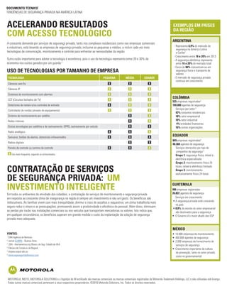 ARGENTINA
ACELERANDO RESULTADOS
COM ACESSO TECNOLÓGICO
A crescente demanda por serviços de segurança privada, tanto nos complexos residenciais como nas empresas comerciais
e industriais, está levando as empresas de segurança privada, inclusive as pequenas e médias, a incluir cada vez mais
tecnologias de comunicação, monitoramento e controle para enfrentar as necessidades da região.
Outra razão importante para adotar a tecnologia é econômica, pois o uso da tecnologia representa entre 20 e 30% de
economia nos custos gerados por um guarda.2
CONTRATAÇÃO DE SERVIÇOS
DE SEGURANÇA PRIVADA: UM
INVESTIMENTO INTELIGENTE
Em todos os ambientes da atividade dos cidadãos, a contratação de serviços de monitoramento e segurança privada
em resposta ao crescente clima de insegurança na região é sempre um investimento e não um gasto. Os benefícios são
indiscutíveis. As famílias vivem com mais tranquilidade; diminui o risco de assaltos e sequestros; um clima trabalhista mais
seguro reduz o stress e as preocupações; promovendo assim a produtividade e eficiência do pessoal. Além disso, diminuem
as perdas por roubo nas instalações comerciais ou nos veículos que transportam mercadorias ou valores. Isto indica que,
em qualquer circunstância, os benefícios superam em grande medida o custo da implantação da solução de segurança
privada mais adequada.
DOCUMENTO TÉCNICO
TENDÊNCIAS DE SEGURANÇA PRIVADA NA AMÉRICA LATINA
EXEMPLOS EM PAÍSES
DA REGIÃO
FONTES:
1
CNA Agência de Notícias
2
Jornal CLARIN – Buenos Aires
3
OEA - Alertamerica.org Observ. de Seg. Cidadã da OEA
4
Câmara de Comércio de Bogotá
5
dispace.espol.edu.ec
6
www.exposeguridadmexico.com
MOTOROLA, MOTO, MOTOROLA SOLUTIONS e o logotipo do M estilizado são marcas comerciais ou marcas comerciais registradas da Motorola Trademark Holdings, LLC e são utilizadas sob licença.
Todas outras marcas comerciais pertencem a seus respectivos proprietários. ©2016 Motorola Solutions, Inc. Todos os direitos reservados.
USO DE TECNOLOGIAS POR TAMANHO DE EMPRESA
MÉXICO
EQUADOR
849 empresas registradas4
40.368 agentes de segurança
	 Serviços oferecidos por tipo de
companhia de segurança:5
	Grupo 1: segurança física, móvel e
eletrônica especializada
	Grupo 2: monitoramento físico 24
horas, móvel e eletrônico limitado
	Grupo 3: monitoramento
exclusivamente físico 24 horas
GUATEMALA
906 empresas registradas
26.822 agentes de segurança
	 Serviços em crescimento:
• A segurança privada está crescendo 	
no país
• 8,8% da receita do setor empresarial 	
são destinados para a segurança
• O Governo é o maior aliado das ESP
COLÔMBIA
525 empresas registradas3
190.000 agentes de segurança
	 Serviços por setor:3
	42% conjuntos residenciais
	18% setor empresarial
	10% setor industrial
	 4% entidades financeiras
	16% outras organizações
TECNOLOGIA PEQUENA MÉDIA GRANDE
Câmeras sem fio
Câmeras IP
Sistemas de monitoramento com alarmes
CCT (Circuitos fechados de TV)
Detectores de metais e/ou controles de entrada
Controlador de rondas (através de equipamento)
Sistema de monitoramento por satélite
Redes internas
Outras tecnologias por satélites e de rastreamento: GPRS, rastreamento por veículo
Radio analógico
Sensores, botões de alarme, detectores infravermelho
Rádios digitais
Painéis de controle ou centros de controle
Uso mais frequente, segundo os entrevistados.
- Representa 6,9% do mercado de
segurança na América Latina
e Caribe3
-	Crescimento entre 18 e 20% em 2013
-	A segurança eletrônica representa
entre 16 e 20% do mercado total
-	Cerca de 80% concentram-se em
segurança física e transporte de
valores
-	O mercado de segurança privada
continua em crescimento
• 	10.000 empresas de monitoramento
• 	400.000 agentes de segurança
• 	2.000 empresas de fornecimento de
serviços de segurança
• 	Crescimento importante da cultura
de prevenção, tanto no setor privado
como no governamental
 