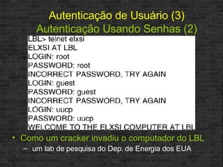 Como um cracker invadiu o computador do LBL um lab de pesquisa do Dep. de Energia dos EUA Autenticação de Usuário (3) Autenticação Usando Senhas (2) 