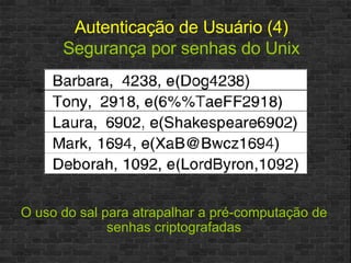 O uso do sal para atrapalhar a pré-computação de senhas criptografadas Autenticação de Usuário (4) Segurança por senhas do Unix 