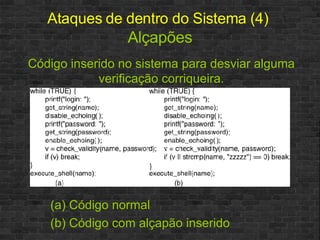 Ataques de dentro do Sistema (4)   Alçapões (a) Código normal  (b) Código com alçapão inserido Código inserido no sistema para desviar alguma verificação corriqueira. 