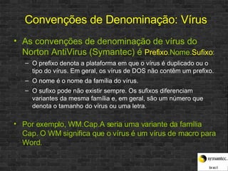 As convenções de denominação de vírus do Norton AntiVirus (Symantec) é  Prefixo .Nome. Sufixo : O prefixo denota a plataforma em que o vírus é duplicado ou o tipo do vírus. Em geral, os vírus de DOS não contêm um prefixo.  O nome é o nome da família do vírus.  O sufixo pode não existir sempre. Os sufixos diferenciam variantes da mesma família e, em geral, são um número que denota o tamanho do vírus ou uma letra.  Por exemplo, WM.Cap.A seria uma variante da família Cap. O WM significa que o vírus é um vírus de macro para Word.  Convenções de Denominação: Vírus 