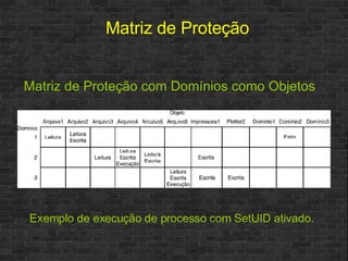 Matriz de Proteção com Domínios como Objetos Matriz de Proteção Exemplo de execução de processo com SetUID ativado. 