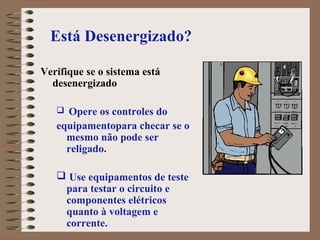 Está Desenergizado?
Verifique se o sistema está
desenergizado
 Opere os controles do
equipamentopara checar se o
mesmo não pode ser
religado.
 Use equipamentos de teste
para testar o circuito e
componentes elétricos
quanto à voltagem e
corrente.
 