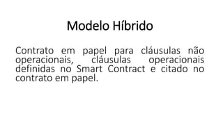 Modelo Híbrido
Contrato em papel para cláusulas não
operacionais, cláusulas operacionais
definidas no Smart Contract e citado no
contrato em papel.
 